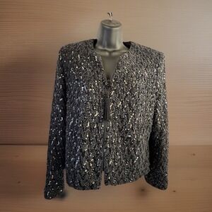 Vintage 80s Sequin Jacket 12 Black Zip Boucle Ursula of Sweden Disco Glam USA